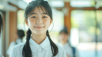 笑顔で学校生活を楽しむ小学生、中学生の女の子