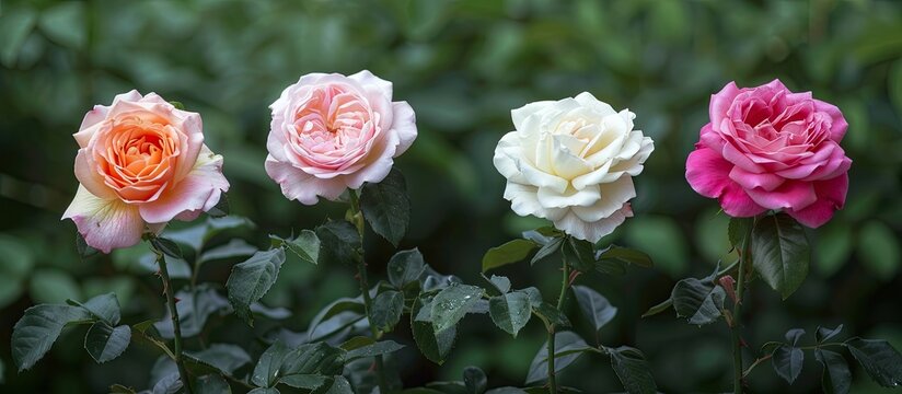 French hybrid tea rose, Rose Mme Mailland, and Rose Peace arranged on a green background on a summer day, creating an ideal copy space image.