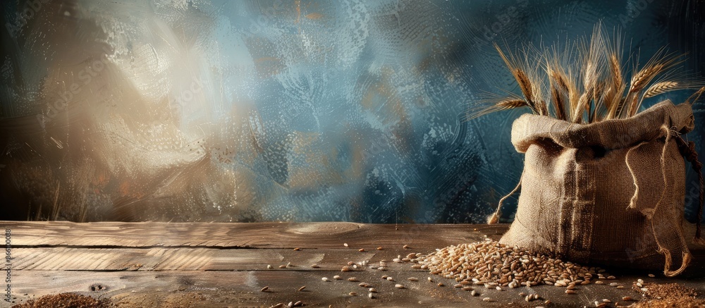Poster a wooden table with a bag of wheat creates a rustic setting with a backdrop perfect for adding copy 