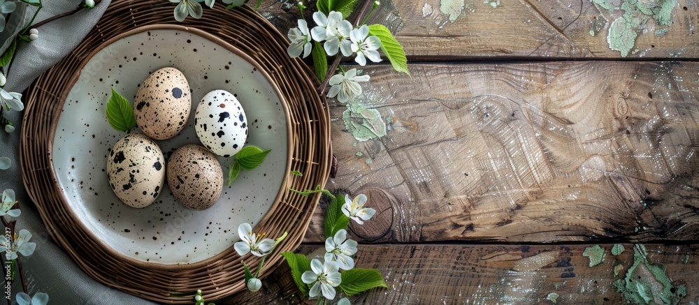 Poster easter table setting with a wicker dish and plate on a wooden table background, perfect for displayi