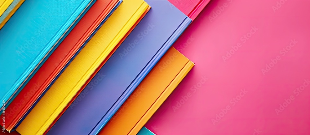 Poster colorful hardback books displayed on a vibrant background for back-to-school themes with ample copy 