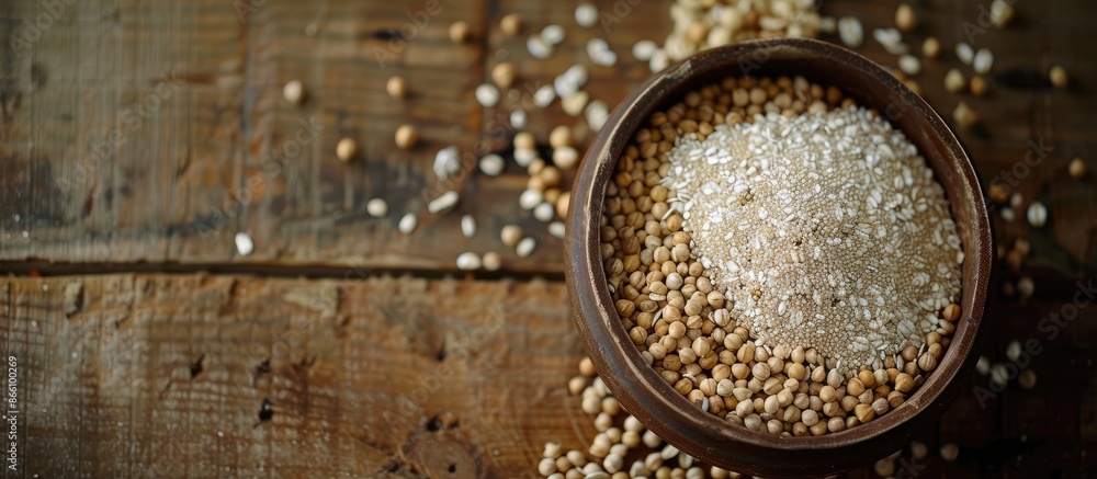 Poster a bowl on a wooden surface filled with assorted cereal grains, creating a rustic setting for a copy 