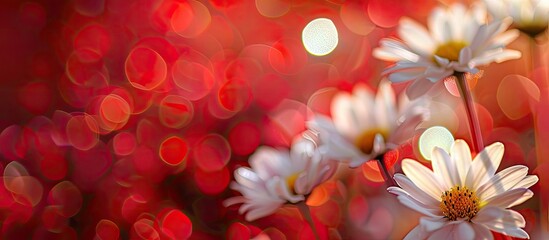 Fototapeta premium Macro shot of daisies with a blurred red background, with copy space image.
