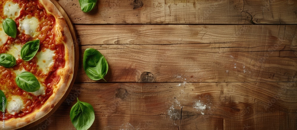 Poster top-down view of pizza margherita on a wooden surface with room for text or graphics in the image. c