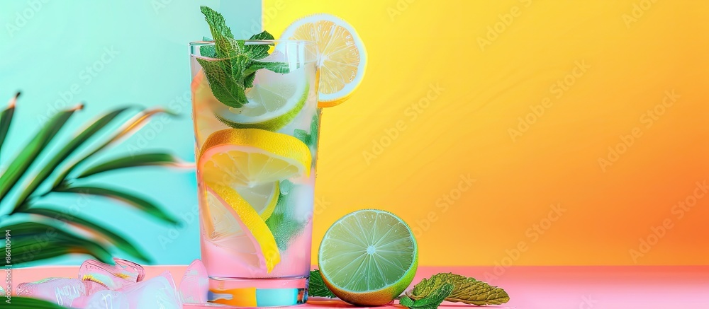 Aufkleber refreshing summer mojito cocktail in an elegant glass with lemon, lime, and mint on a colorful backg