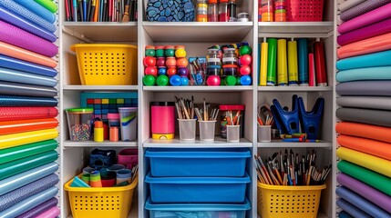 Clean and organized back to school art supply closet with neatly stacked materials, children selecting tools, creative atmosphere