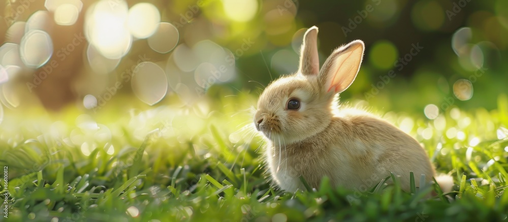 Poster adorable fluffy bunny on fresh green grass outside, with a spot for adding text in the image. copy s