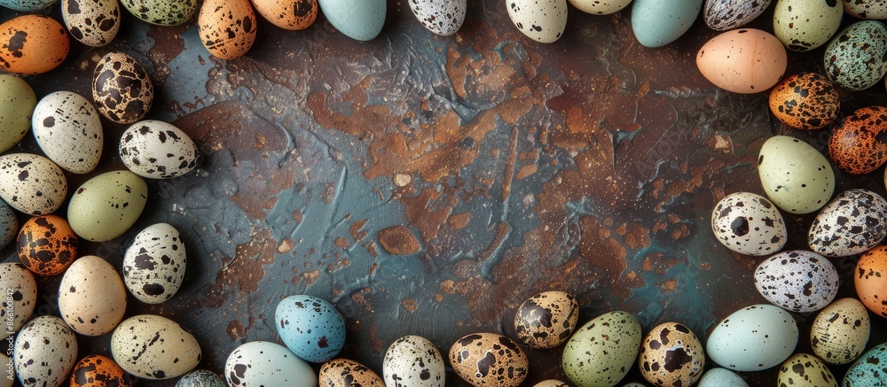 Poster easter themed greeting card with quail eggs depicted from a bird's eye view, providing a blank area 