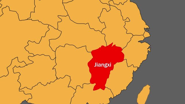 Jiangxi map animated video. Jiangxi location is highlighted on the China map colour with a Gray background in video format. 