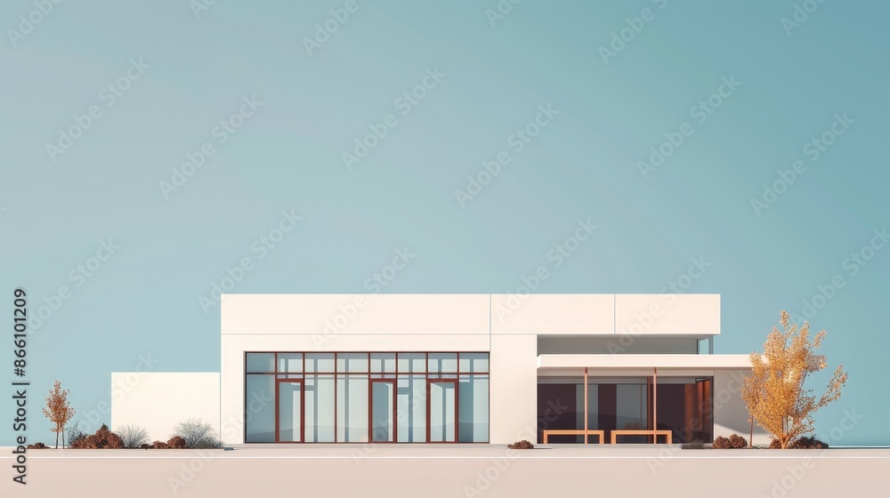 Poster modern industrial building with geometric shapes in minimalist setting emphasizing practicality of f