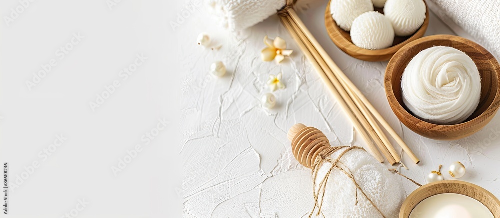 Poster bamboo sticks and spa compress balls on white background with copy space image.
