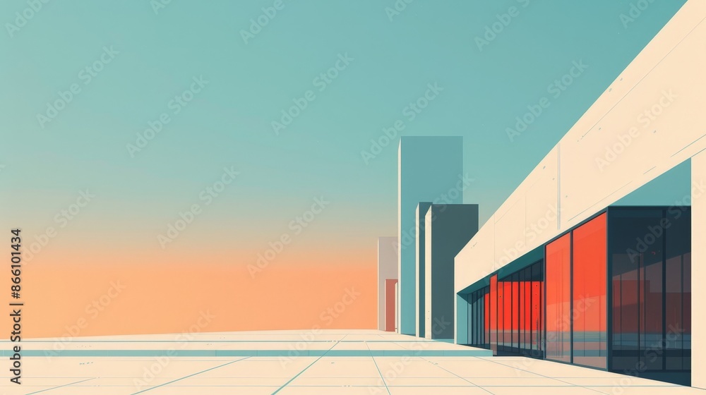 Poster futuristic building in 2d flat illustration - modern architecture with clean lines and vibrant color