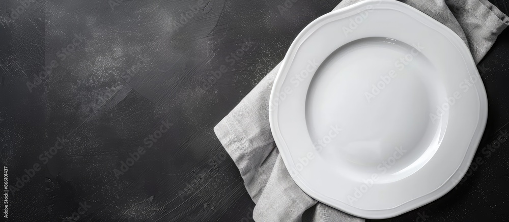 Poster top-down view of an empty white plate on a gray napkin with a toned background for a copy space imag