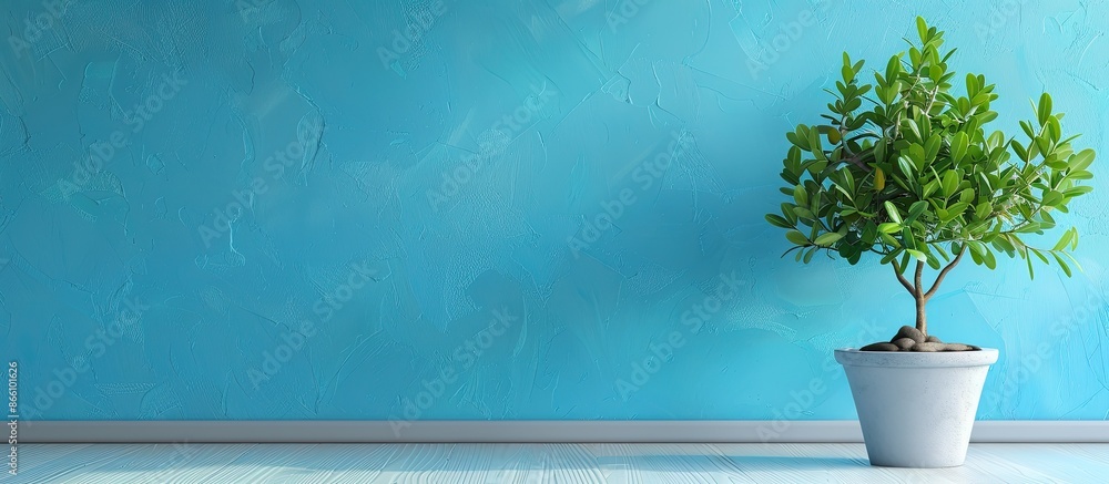Poster a plant is placed in front of a blue wall, creating a serene backdrop for a copy space image.