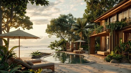 Fototapeta premium Tranquil beach resort nestled in a picturesque landscape, offering a serene summer escape.
