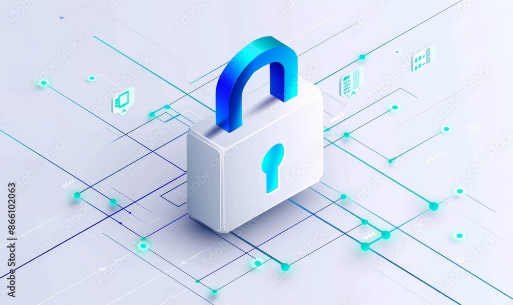 Poster an electronic padlock with blue lines and data flowing through it