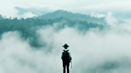 Silhouette of a tourist with backpack standing, magical misty landscape, fog-filled hills, lush forest, symbolizing abundance and longevity