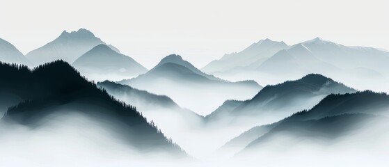 Silhouette of a wild nature landscape, magical mist enveloping hills, abundant forest, majestic mountains, mystical and serene atmosphere