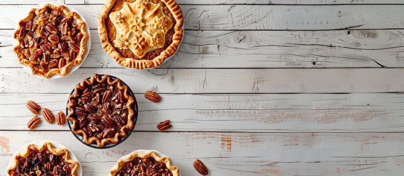 Autumn-themed homemade pies featuring apple, pumpkin, and pecan varieties are displayed on a white wood background in an overhead shot with copy space image.