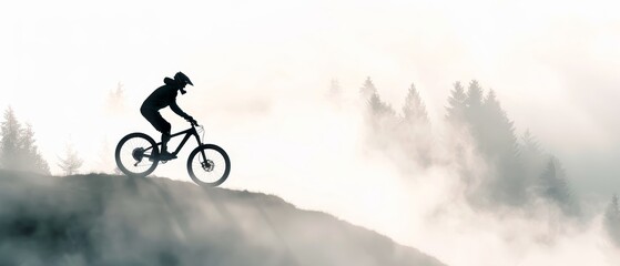 Obraz premium Silhouette of mountain biker in a misty, magical landscape, fog-covered hills, abundant forest, towering trees, timeless and serene