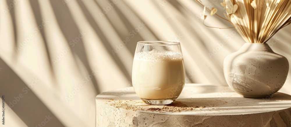 Poster a glass of milk placed on a neutral-toned ceramic table with space for adding images or text. copy s