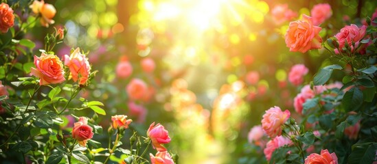 Garden filled with blooming rose bushes, with a perfect copy space image for a background.