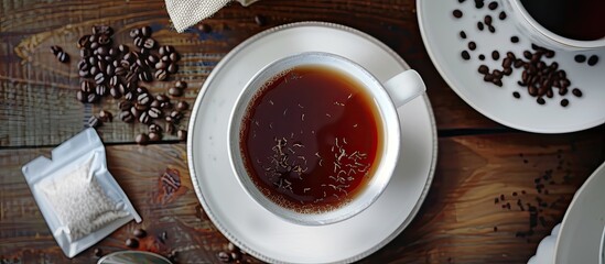 Black tea served with milk, a tea bag, and a designated area for additional elements within the image.