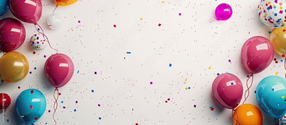 Poster a festive party theme with vibrant balloons and confetti against a white backdrop, creating a top-do