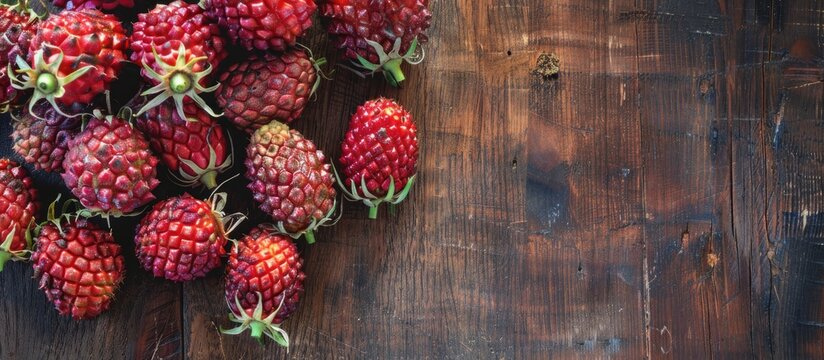 Top view of Plango fruit on a wooden table with a copy space image.