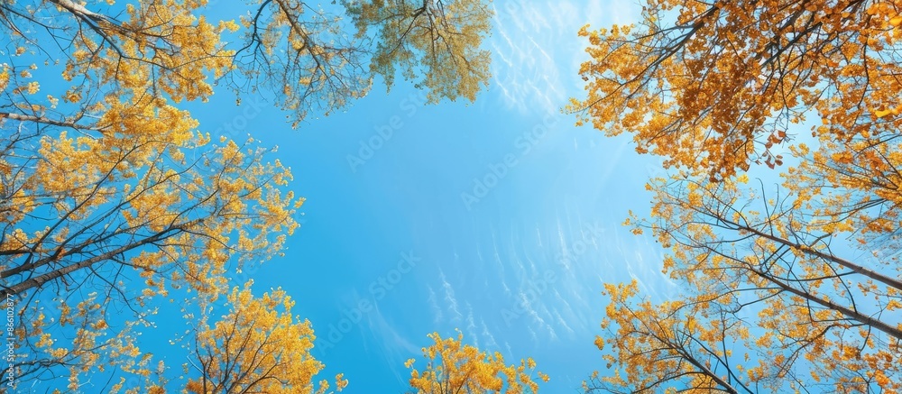 Poster a sunny day with blue skies showing autumn poplars from below, stretching upwards with a view of the
