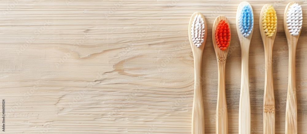Poster top view of toothbrushes on a light wood background with ample copy space image for text.