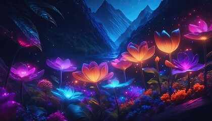 Neon flowers, Noen light flowers, abstract background with glowing lights, colorful neon light flowers