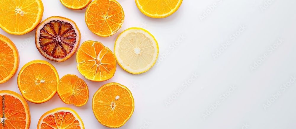 Poster orange and tangerine slices on a white background with copy space image for text, viewed from above 