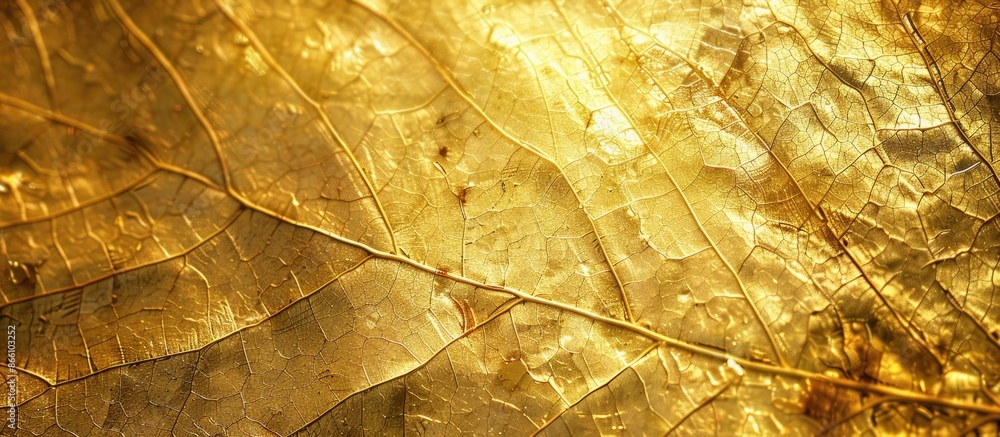 Poster background with a texture resembling shiny gold foil on a yellow leaf with 'copy space image'.