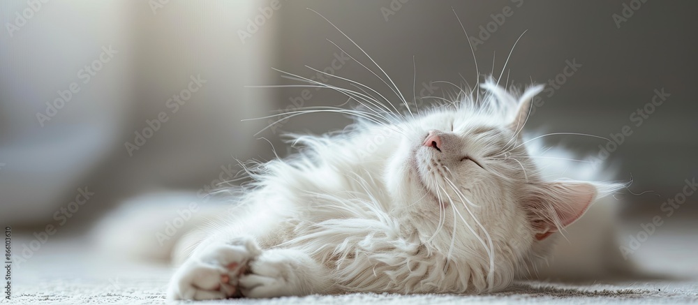 Poster a white cat grooming itself with a copy space image.
