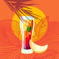 Cold tropical drinks - digital illustration (composition) of a glass goblet with a cooling cocktail and fruit in vintage style. Summer vibe - a modern type of print art in a flat style for sales