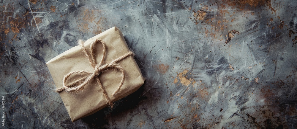 Poster a tiny christmas present enclosed in rustic wrapping paper, with copy space image.