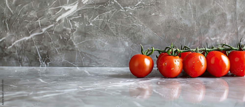 Poster fresh small bio tomatoes displayed on a grey marble surface with copy space image.