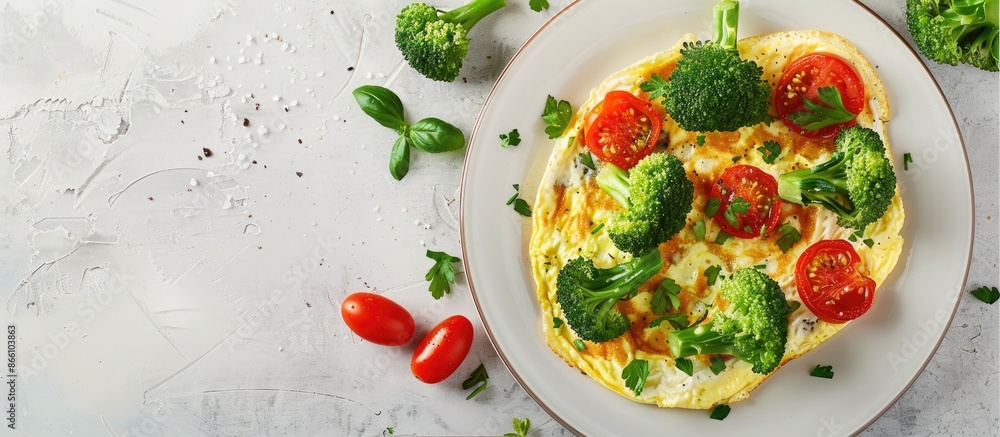 Poster broccoli and tomato omelette on a white plate with ample space for adding text and designing. delici
