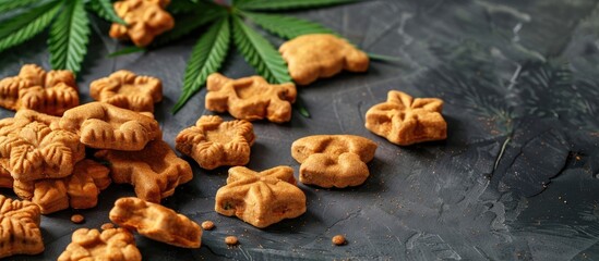 Fototapeta premium Close-up image of CBD-infused pet treats and cannabis leaves, showcasing the concept of medical marijuana for pets, a food delicacy for dogs and cats, with a designated copy space.