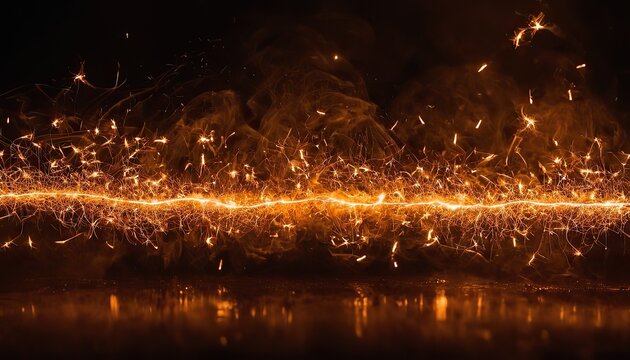 Sparks fly in the dark Abstract fire particles illuminate Blurry bonfire, Fiery flames on a black background with sparks, Flame of fire against the dark background.