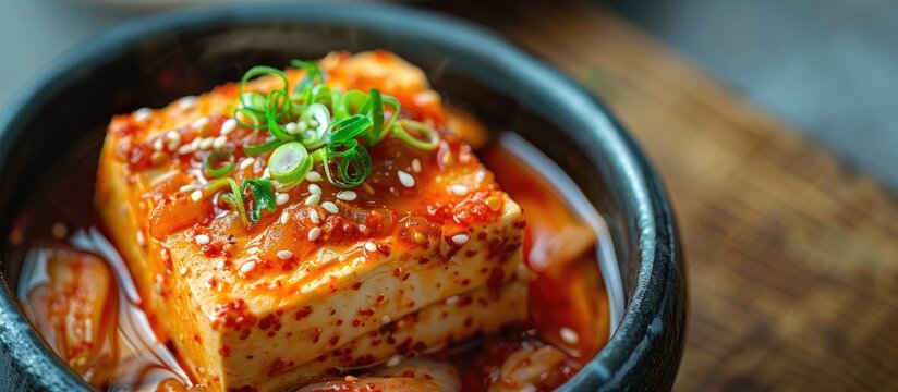 Try this: Japanese summer dish, Kimchi served on Tofu, with a refreshing twist and a stunning copy space image display.