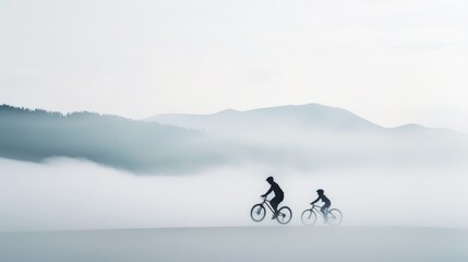 Obraz premium Silhouettes of a mother, father, and child cycling through a misty landscape, rolling hills and fog, surrounded by trees and mountains, magical and serene