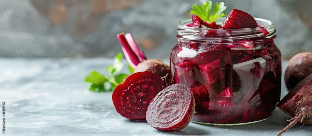 Poster bowl of pickled beets on a bright table with copy space image.