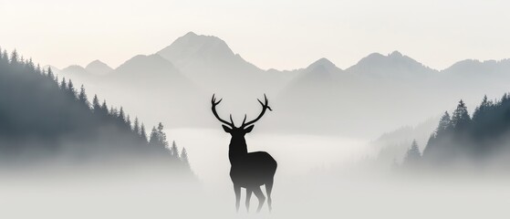 Wide silhouette of a deer in a mystical foggy scene, hills filled with mist, majestic mountains, lush forest, representing longevity