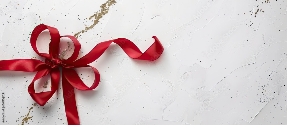 Poster elegant red ribbon with golden edges on a white backdrop with copy space image.