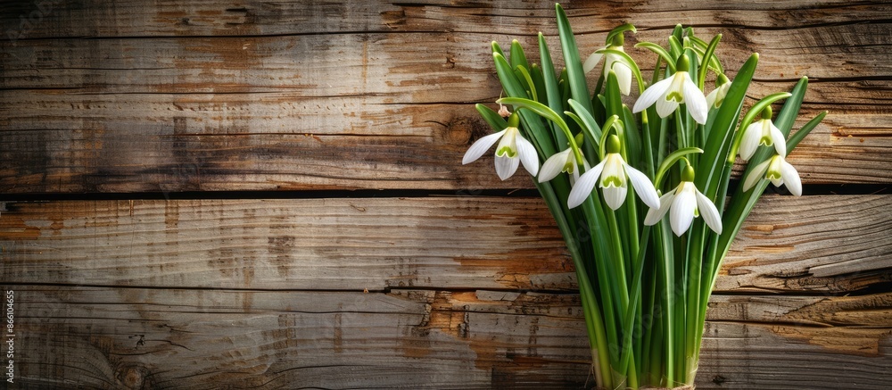 Poster spring snowdrop bouquet on rustic wood backdrop with copy space image. illustrating holiday theme wi