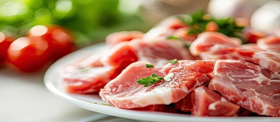 Close-up photograph of raw pork meat on a white plate, perfect for a special diet, with copy space image.