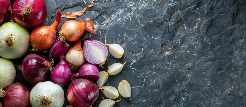 Copy space image with various onion types, including salad onions, red onions, and shallots, displayed on a slate surface.
