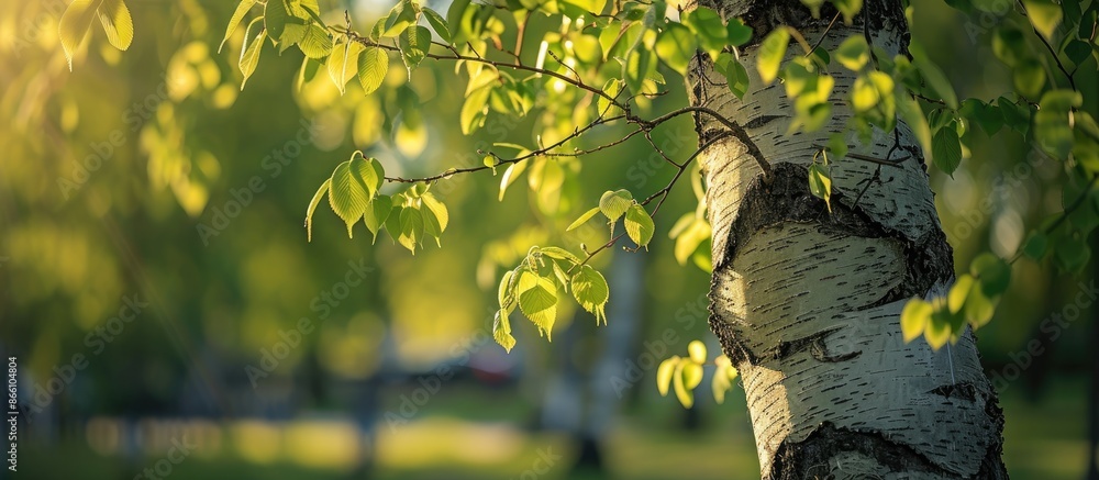 Poster spring scene in the park featuring a birch tree trunk, branches, and leaves creating a peaceful natu